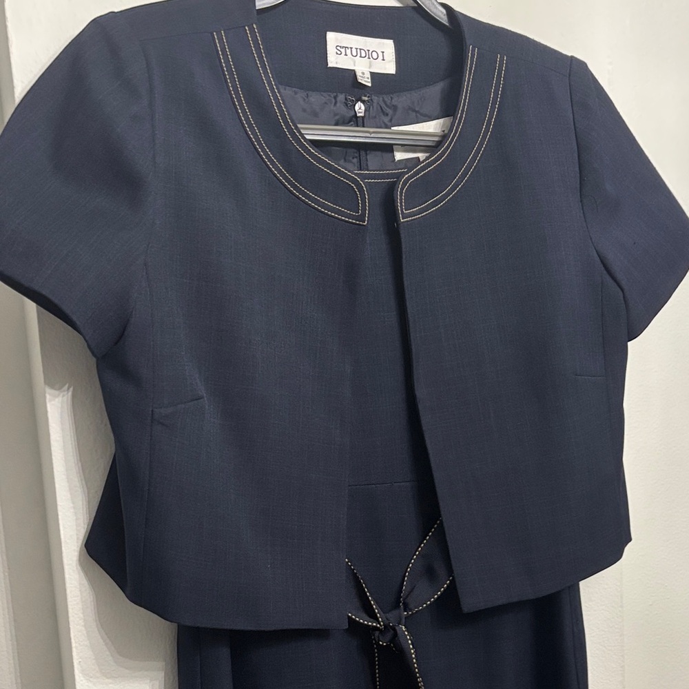 Vintage Studio I Navy Sleeveless Dress with Short Sleeves Cropped Jacket Size 8